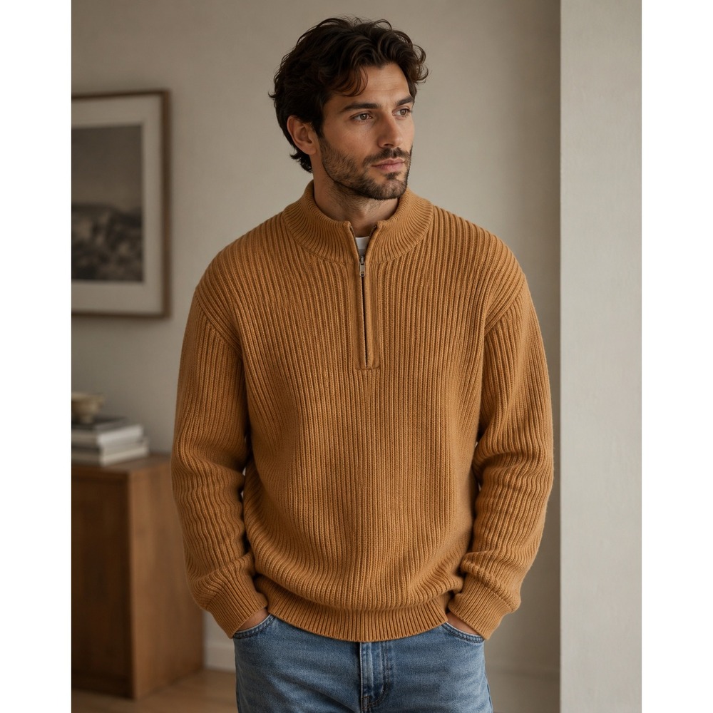 Pact Organic Cotton Quarter Zip Ribbed Sweater Mens XL Camel Brown New